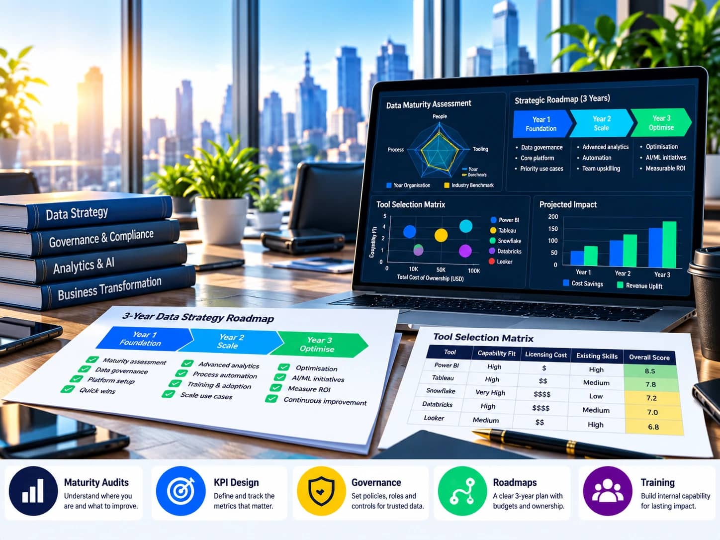 Data strategy workspace: a laptop showing a data maturity assessment against an industry benchmark, a three-year strategic roadmap, a tool selection matrix and projected impact, beside a printed three-year roadmap and a tool scoring table for Power BI, Tableau, Snowflake, Databricks and Looker, above five services: maturity audits, KPI design, governance, roadmaps and training
