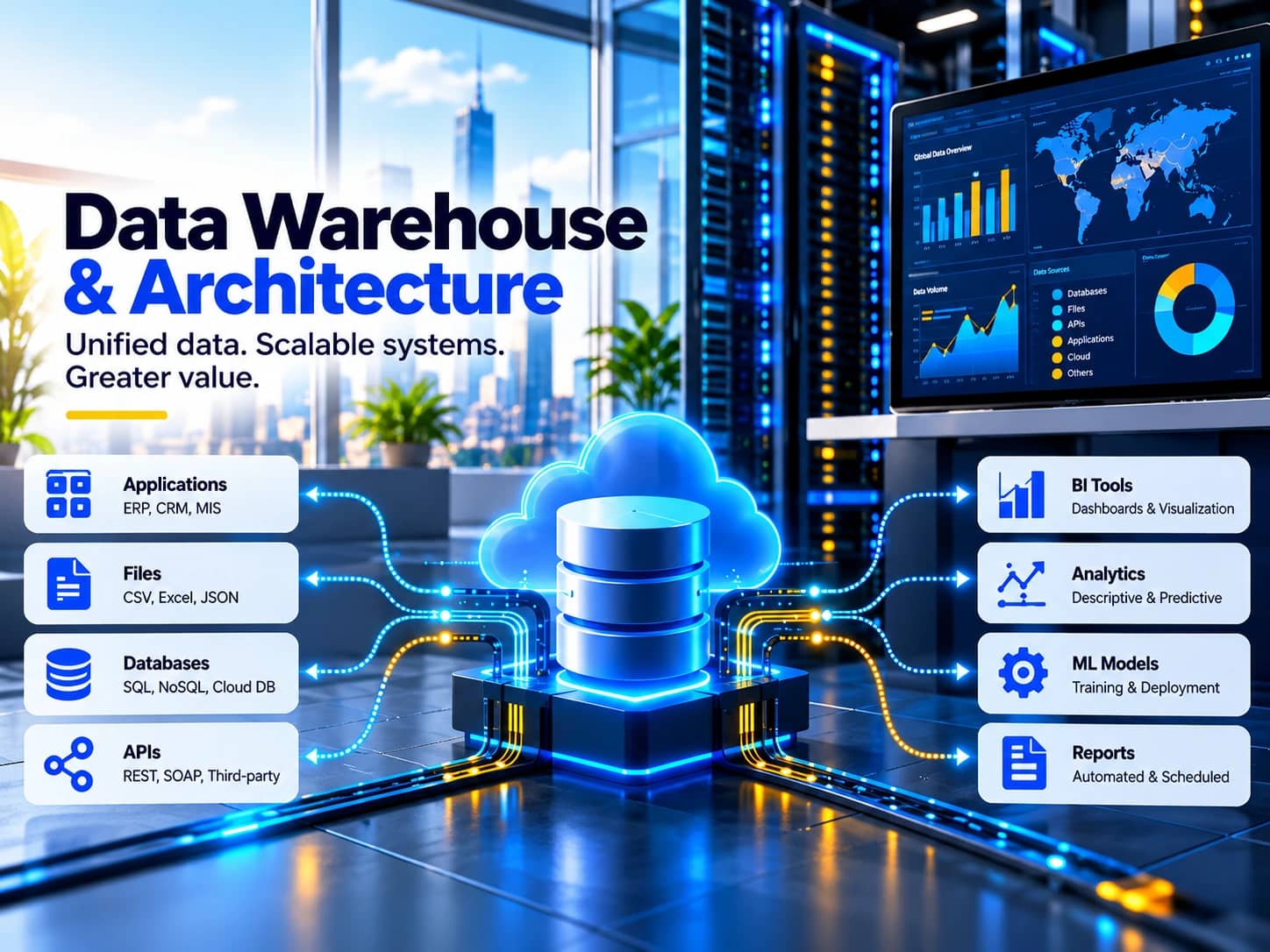 Data Warehouse and Architecture banner, captioned Unified data. Scalable systems. Greater value.: applications, files, databases and APIs connect to a central cloud database, which serves BI tools, analytics, ML models and automated reports, with server racks and a data overview dashboard behind