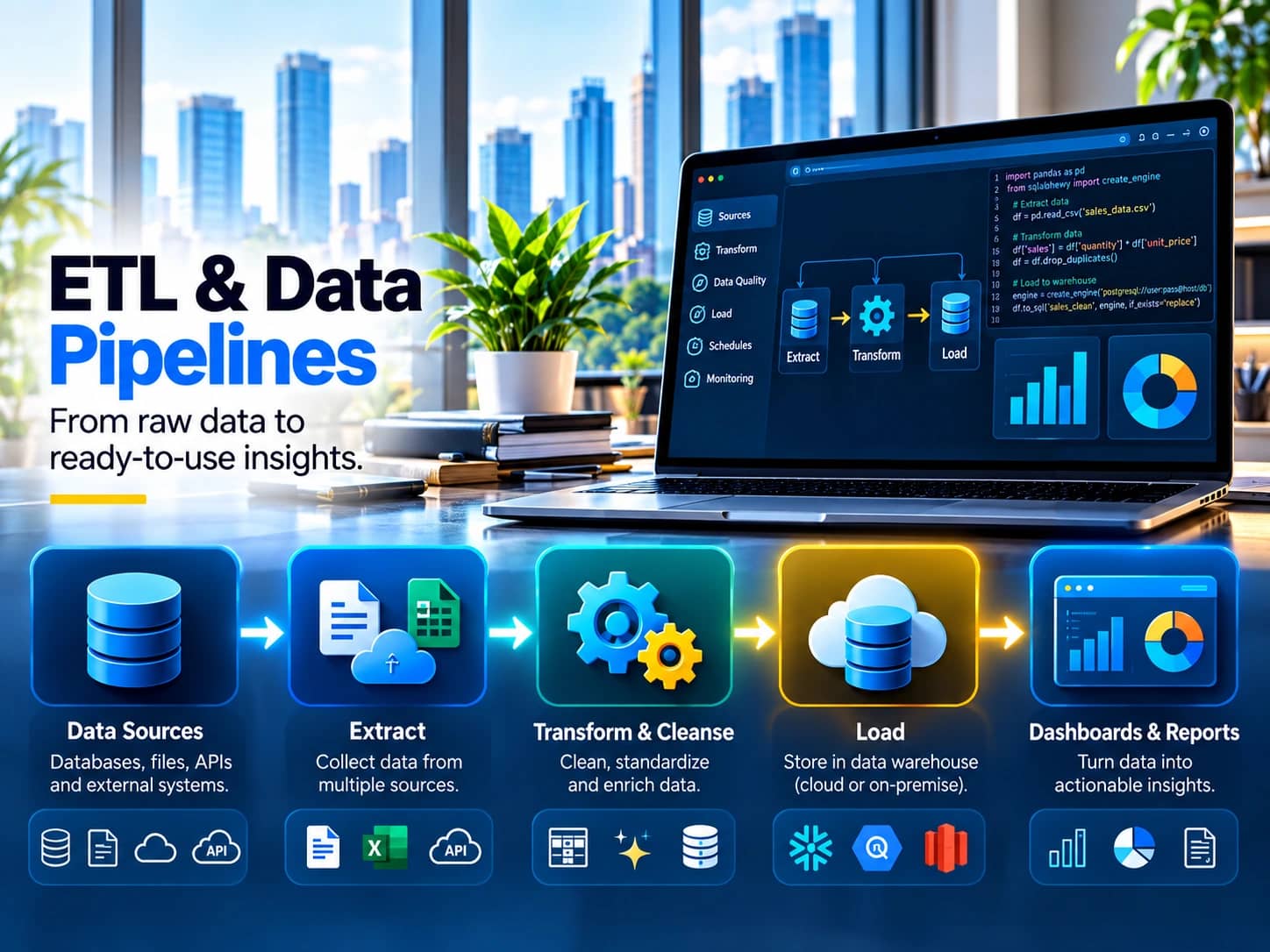 ETL and Data Pipelines banner, captioned From raw data to ready-to-use insights: a laptop showing an extract, transform and load flow beside Python pipeline code, above five steps from data sources through extract, transform and cleanse, and load into a cloud or on-premise warehouse, to dashboards and reports