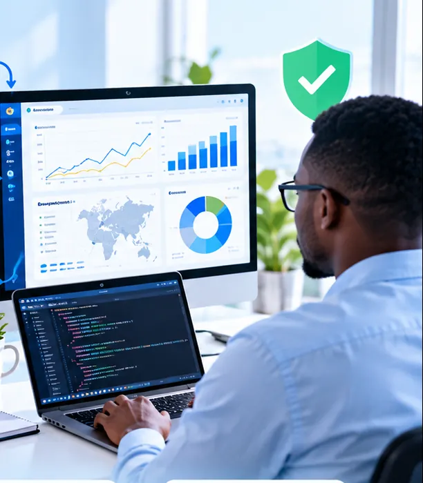 Data engineer writing pipeline code on a laptop beside a monitor showing a live analytics dashboard