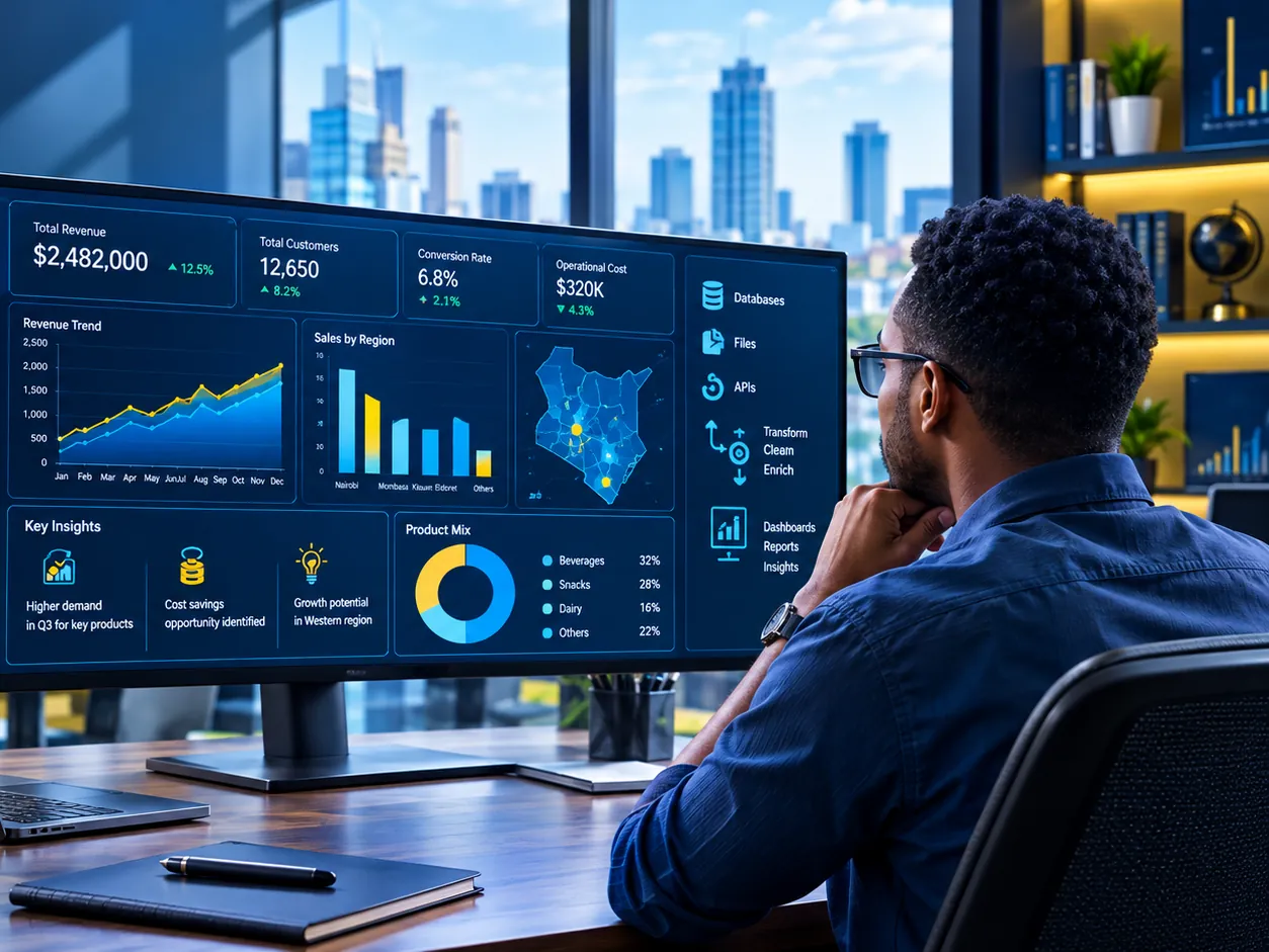 Analyst reviewing business intelligence dashboards with KPI cards and a regional sales map on a desktop monitor