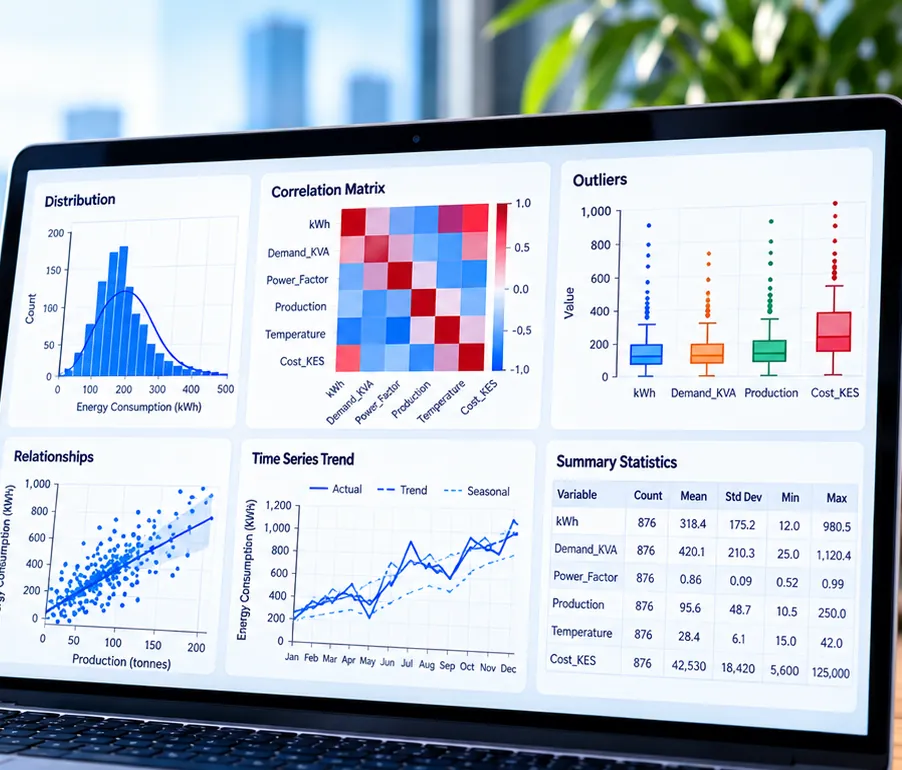 Exploratory analysis dashboard showing a distribution histogram, correlation matrix, outlier box plots and summary statistics