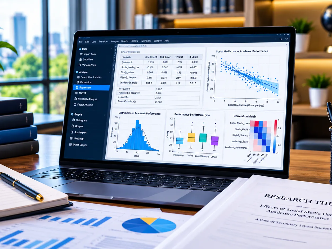 Laptop running a regression analysis in a statistics package beside research methods textbooks and a printed thesis draft