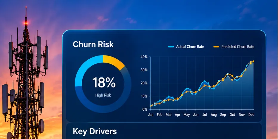 Telecom mast beside a churn risk dashboard showing an 18 percent risk score and a predicted churn trend