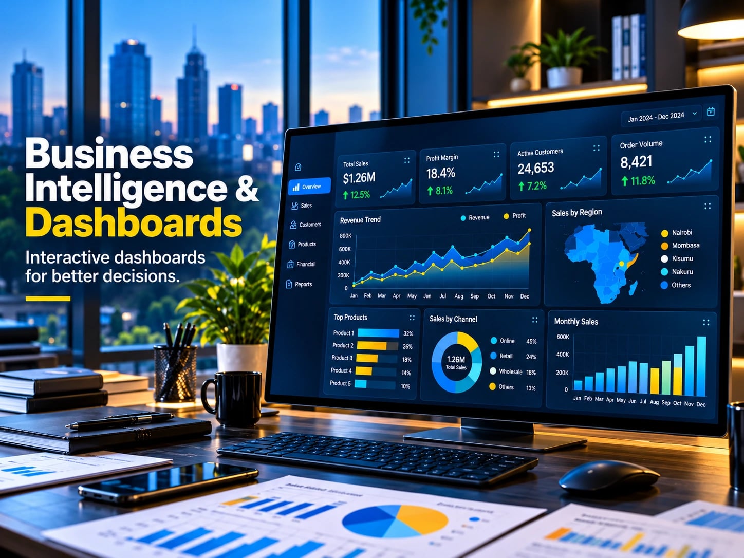 Business Intelligence and Dashboards banner, captioned Interactive dashboards for better decisions: a dark dashboard on a desktop monitor showing total sales, profit margin, active customers and order volume, a revenue and profit trend, sales by region across Kenya, top products, sales by channel and monthly sales