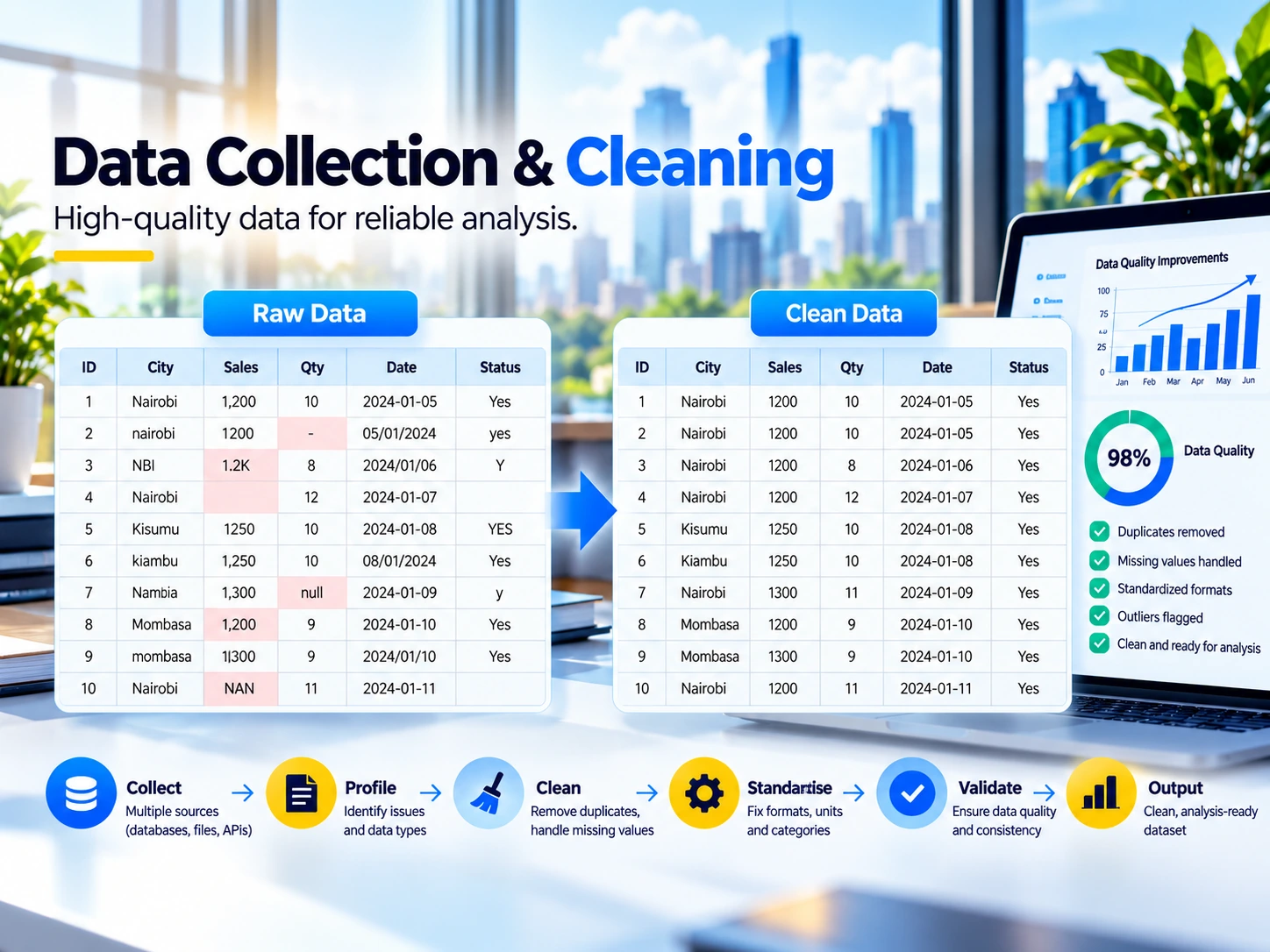 Data Collection and Cleaning banner, captioned High-quality data for reliable analysis: a raw data table with inconsistent city names, missing values and mixed date formats beside its cleaned version, a laptop showing a 98 percent data quality score with duplicates removed and formats standardised, above six steps: collect, profile, clean, standardise, validate and output