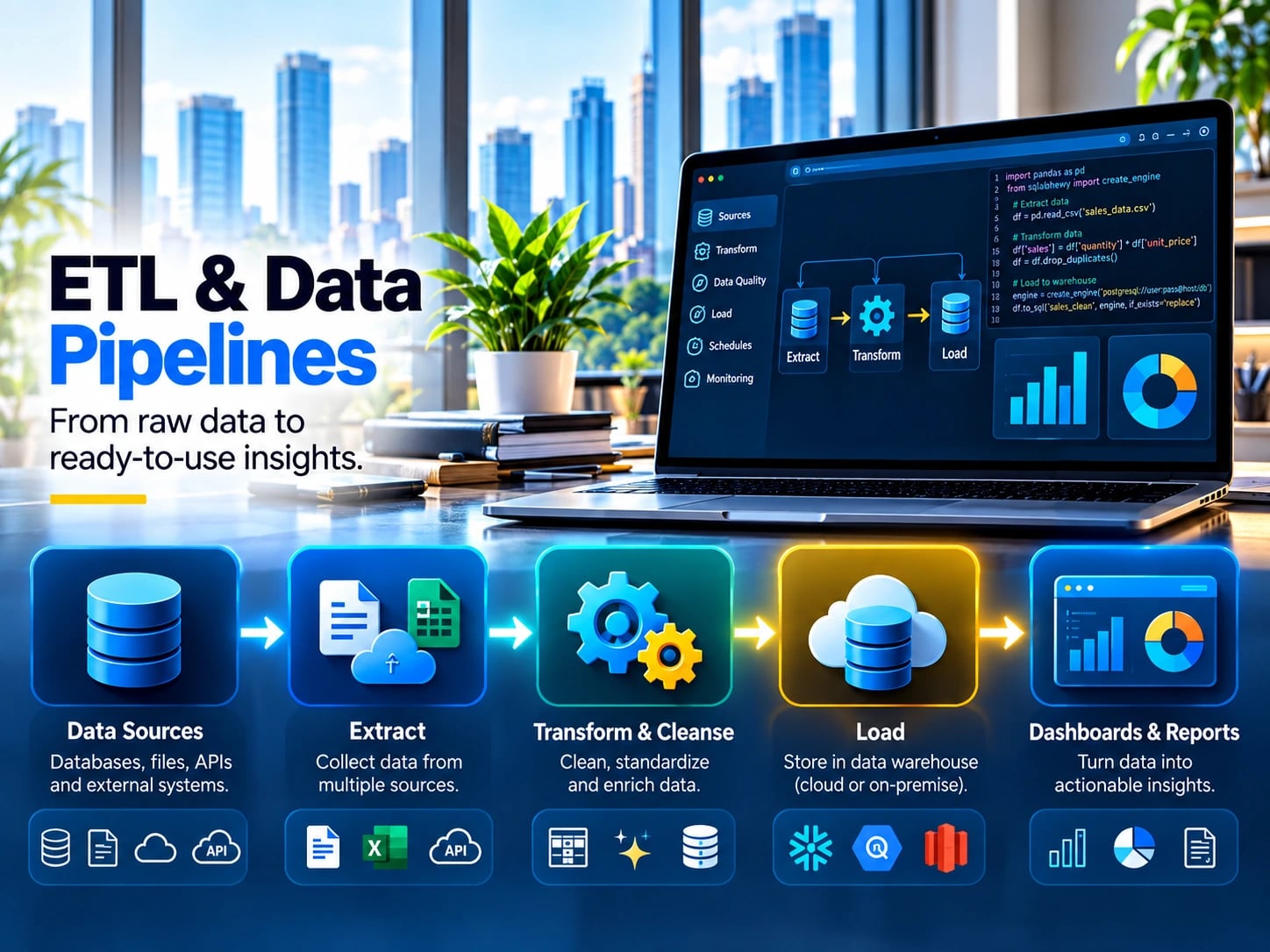 ETL and Data Pipelines banner, captioned From raw data to ready-to-use insights: a laptop showing an extract, transform and load flow beside Python pipeline code, above five steps from data sources through extract, transform and cleanse, and load into a cloud or on-premise warehouse, to dashboards and reports