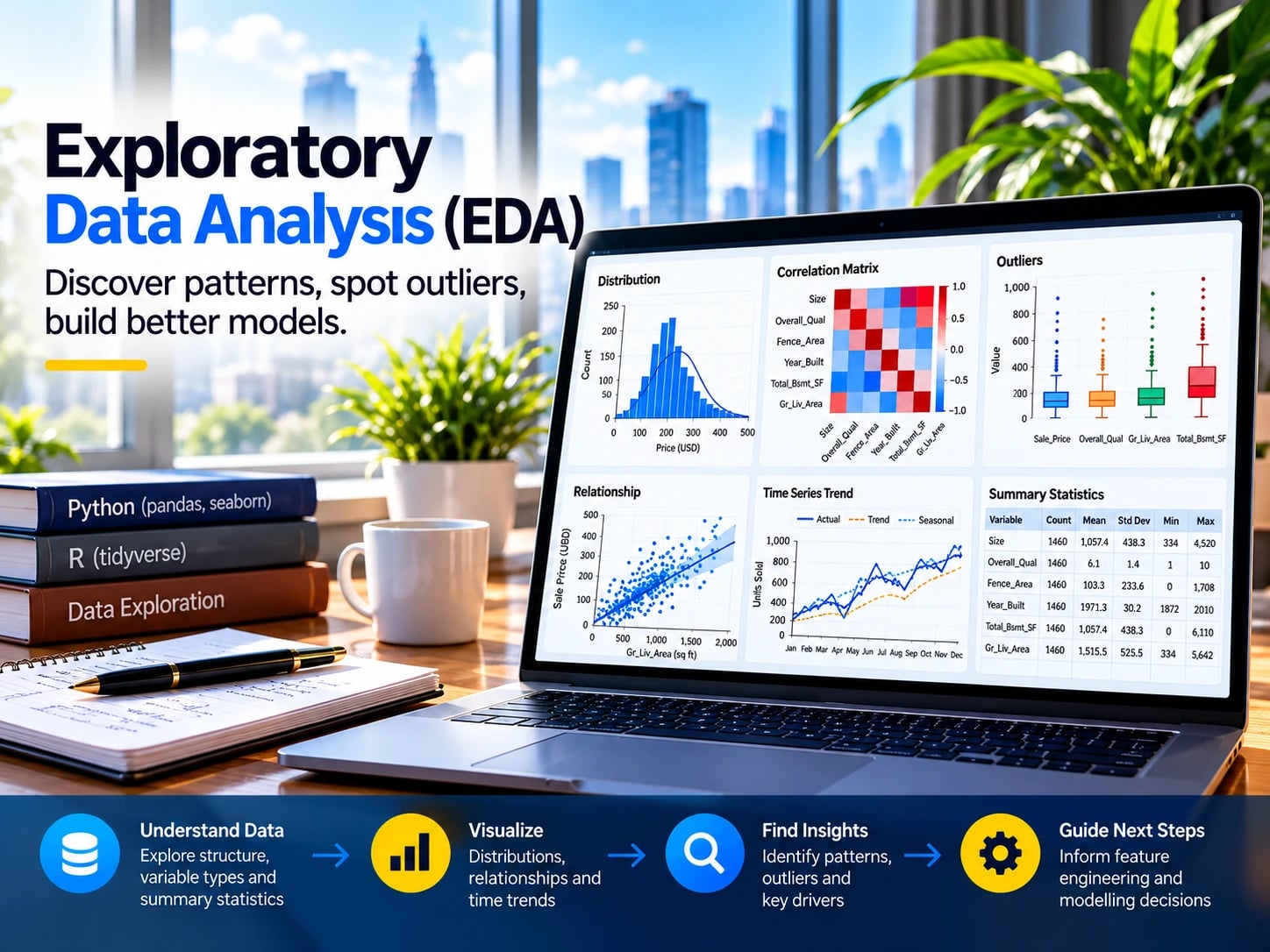 Exploratory Data Analysis banner, captioned Discover patterns, spot outliers, build better models: a laptop showing distribution, correlation matrix, outlier, relationship, time series trend and summary statistics panels beside books on Python, R and data exploration, above four steps: understand data, visualize, find insights and guide next steps