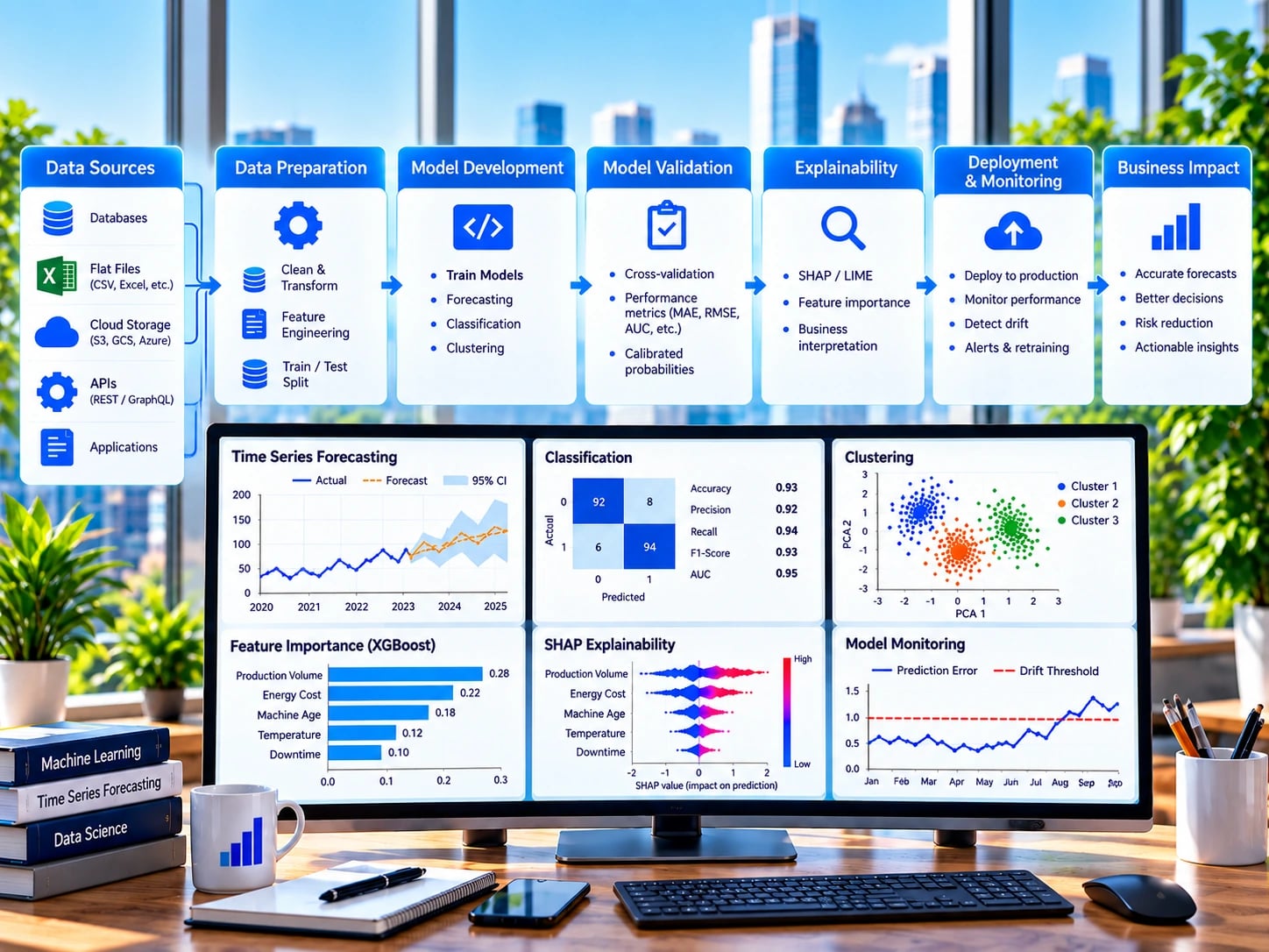 Predictive analytics and machine learning workflow: a pipeline from data sources through data preparation, model development, model validation, explainability, and deployment and monitoring to business impact, above a monitor showing time series forecasting, a classification confusion matrix, clustering, XGBoost feature importance, SHAP explainability and model drift monitoring