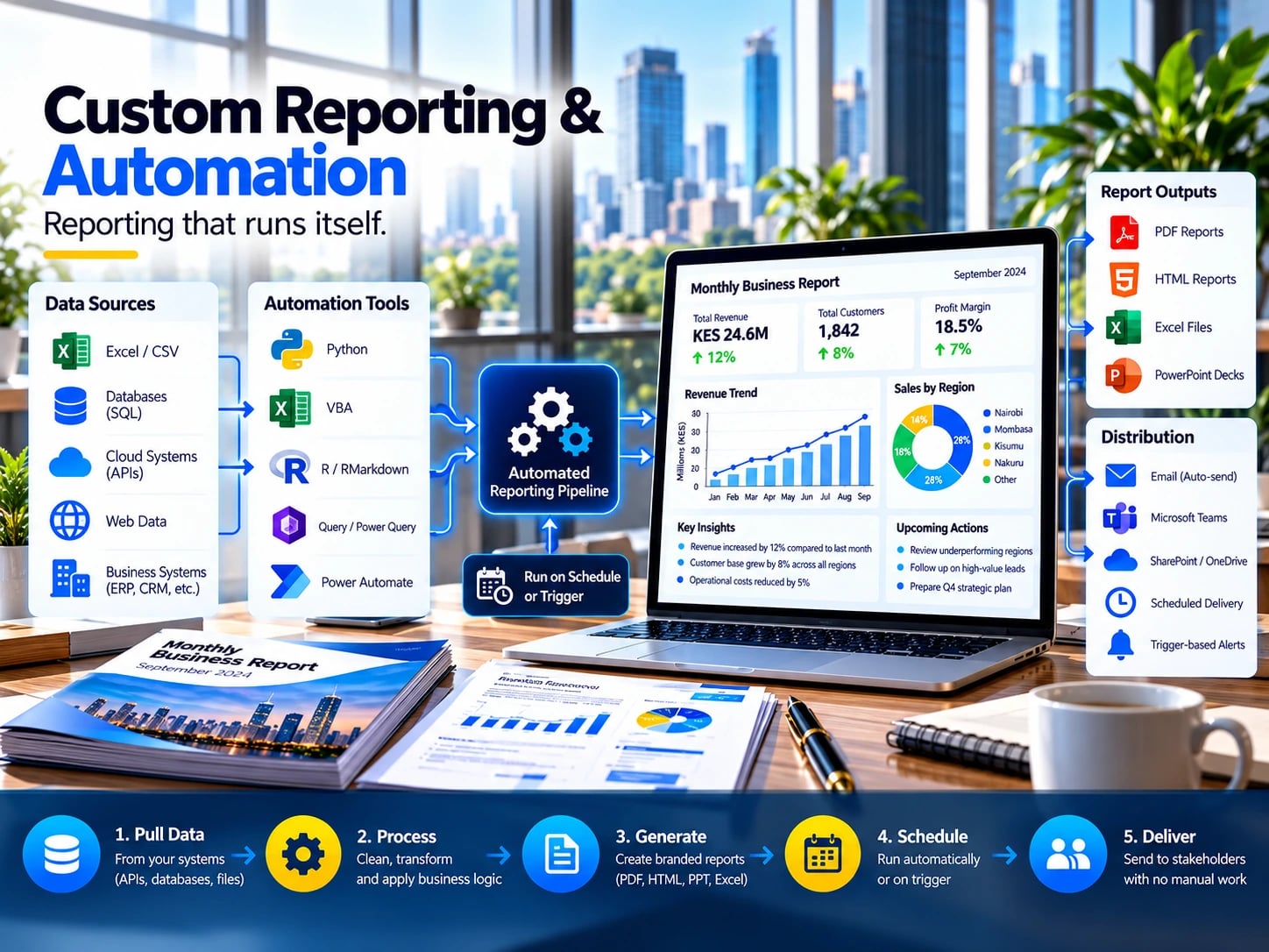 Custom Reporting and Automation banner, captioned Reporting that runs itself: data sources such as Excel, SQL databases, cloud APIs and business systems feed tools including Python, VBA, R Markdown, Power Query and Power Automate into an automated reporting pipeline run on a schedule or trigger, producing a monthly business report as PDF, HTML, Excel and PowerPoint delivered through email, Teams and SharePoint, above five steps: pull data, process, generate, schedule and deliver