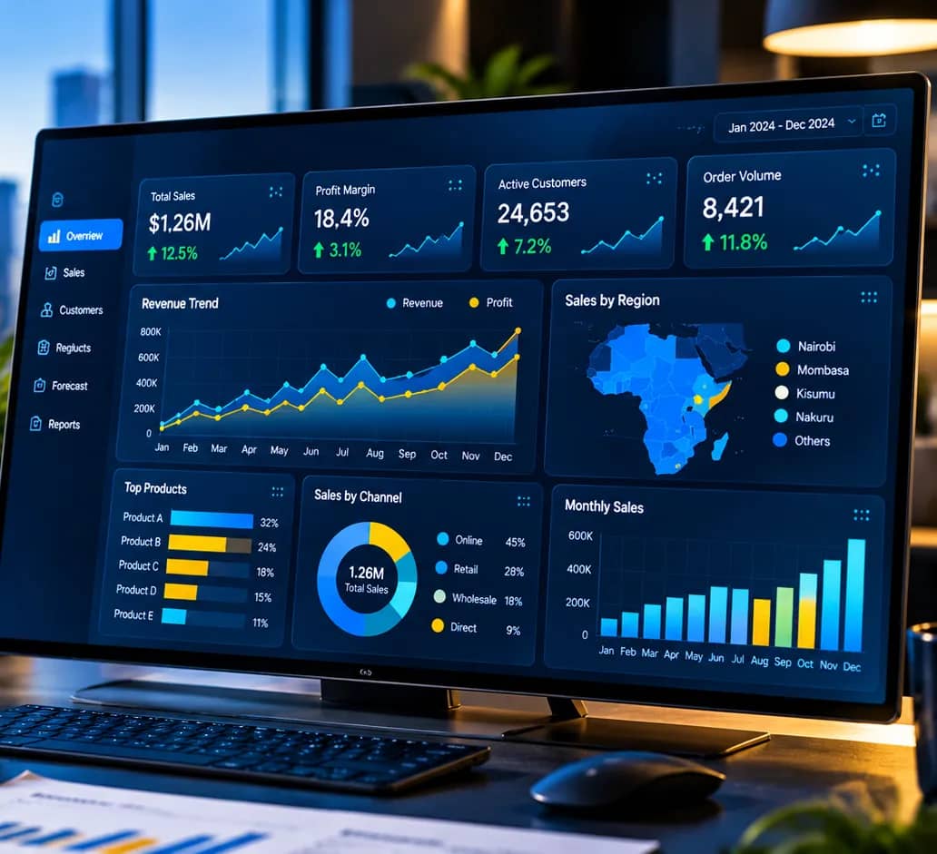 Desktop monitor showing a dark business intelligence dashboard with KPI cards, revenue trends and a sales-by-region map of Kenya