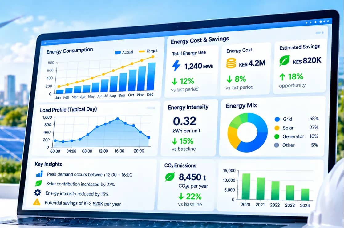 Laptop dashboard tracking energy consumption, a daily load profile, energy costs and CO2 emissions, with wind turbines and solar panels beyond