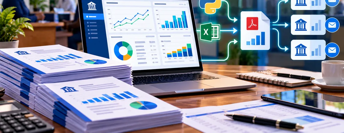 Stacks of printed branch reports beside a laptop, with a Python and Excel workflow generating PDF reports sent to each branch