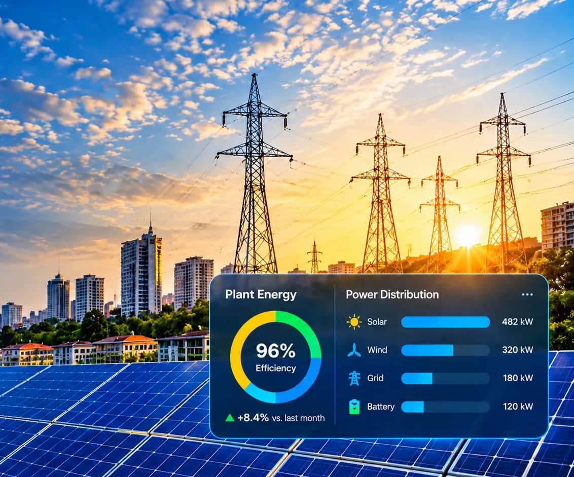 Solar panel array below transmission towers at sunset, with a panel showing plant efficiency and power split across solar, wind, grid and battery