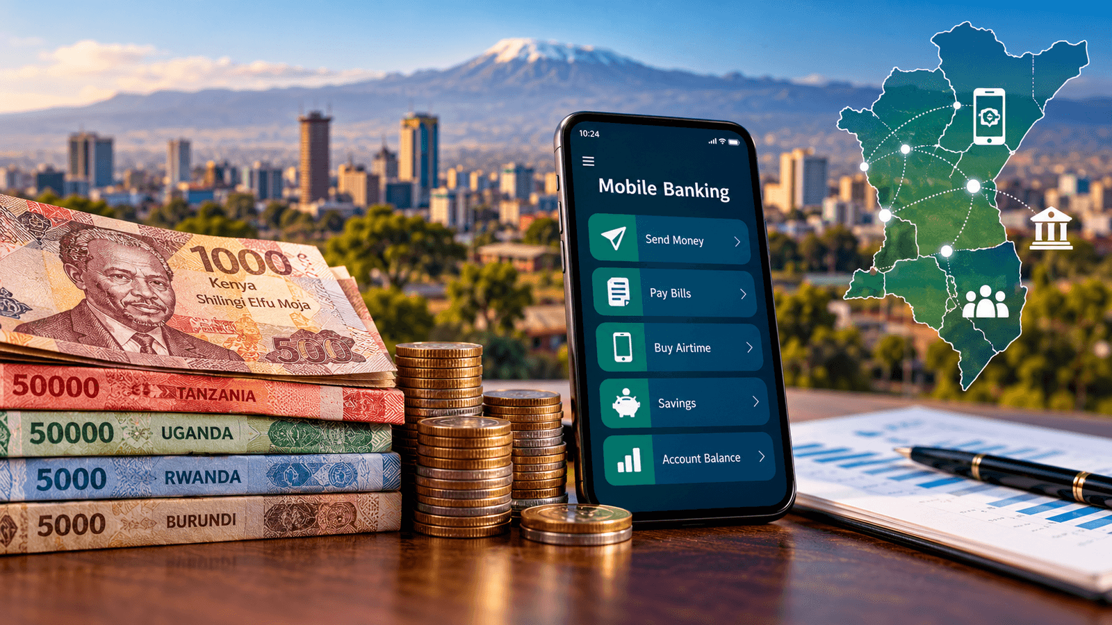 East African mobile banking and financial inclusion research represented by banknotes and financial data