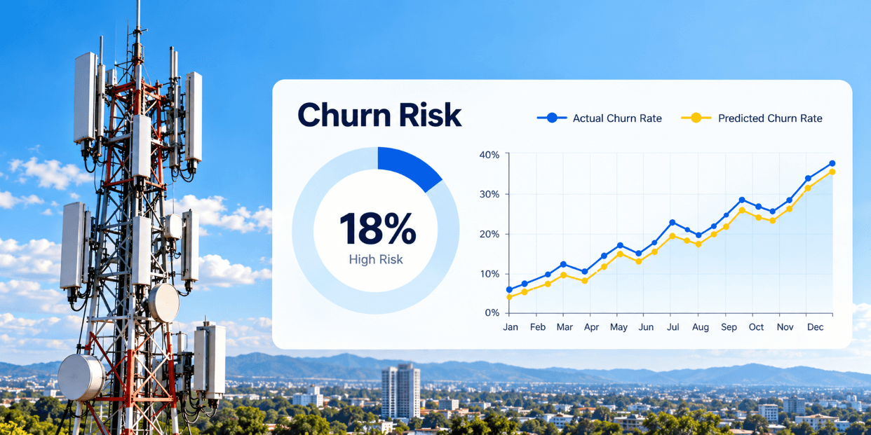 Telecom mast against a sunset sky beside a churn risk dashboard showing an 18 percent high-risk share and its key drivers